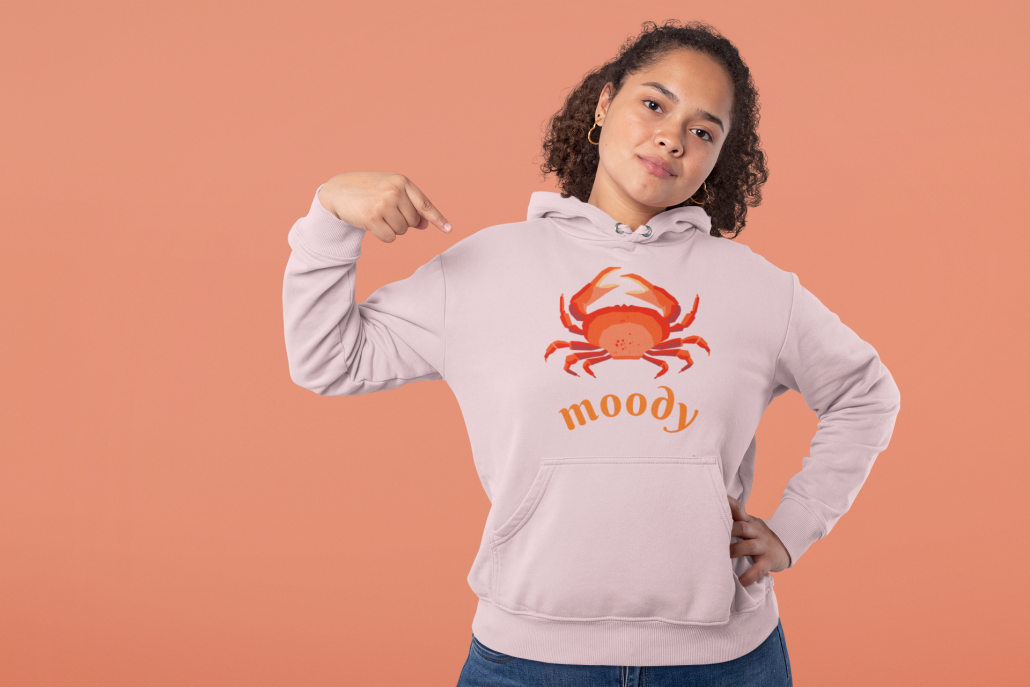 girl with custom hoodie and moody crab